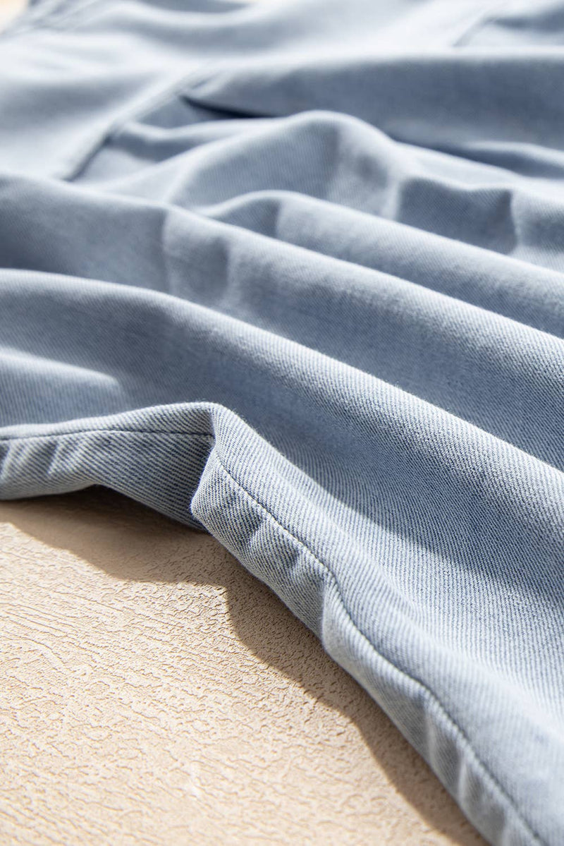 Ruffle Short Puff Sleeve  Chambray Denim Shirt | S-XL