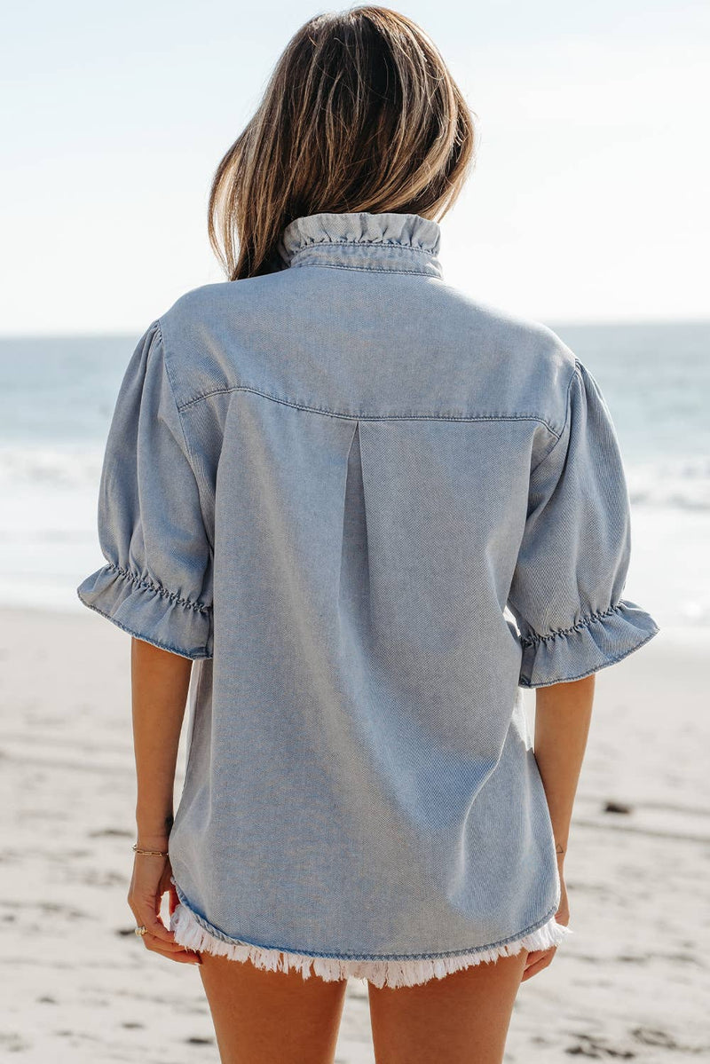 Ruffle Short Puff Sleeve  Chambray Denim Shirt | S-XL
