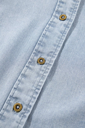 Ruffle Short Puff Sleeve  Chambray Denim Shirt | S-XL