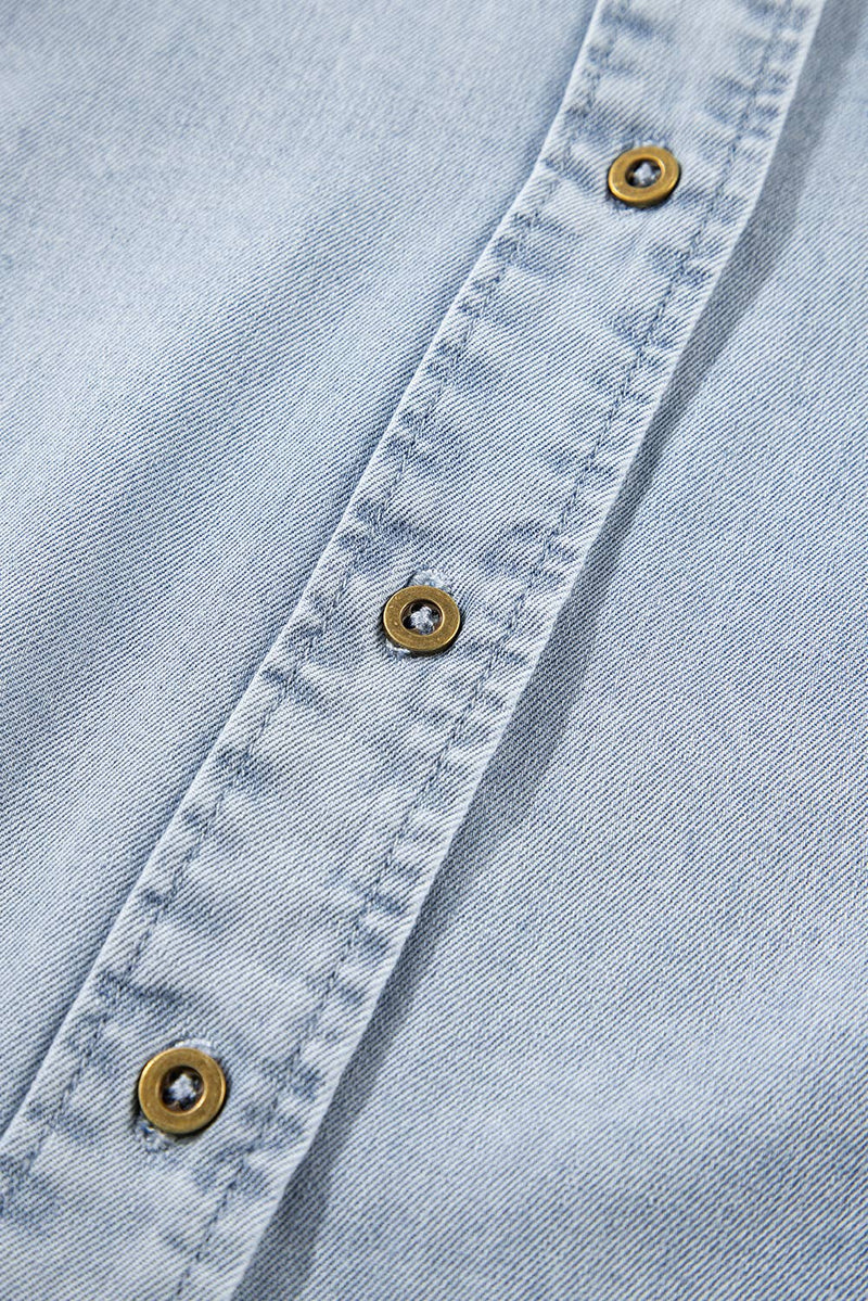 Ruffle Short Puff Sleeve  Chambray Denim Shirt | S-XL
