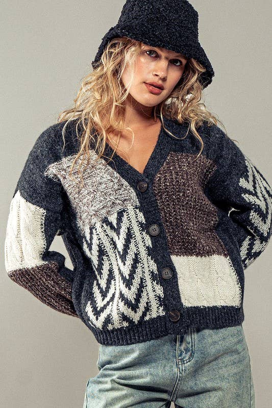 Patchwork Cable Knit Cardigan (S-M-L)