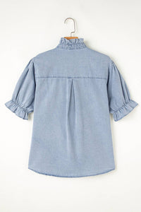 Ruffle Short Puff Sleeve  Chambray Denim Shirt | S-XL