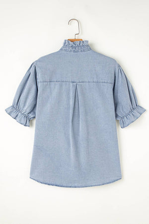 Ruffle Short Puff Sleeve  Chambray Denim Shirt | S-XL