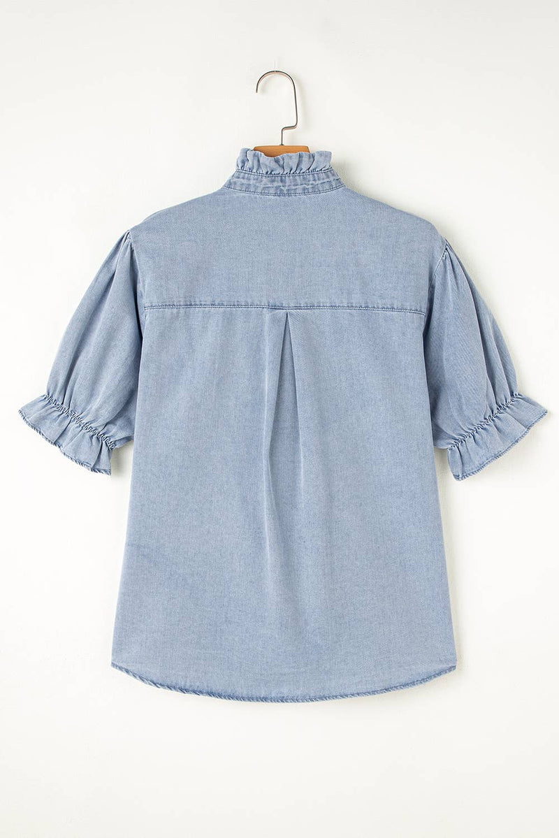 Ruffle Short Puff Sleeve  Chambray Denim Shirt | S-XL
