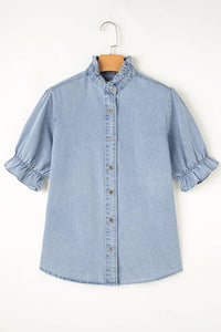 Ruffle Short Puff Sleeve  Chambray Denim Shirt | S-XL