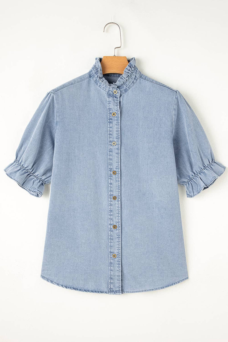 Ruffle Short Puff Sleeve  Chambray Denim Shirt | S-XL
