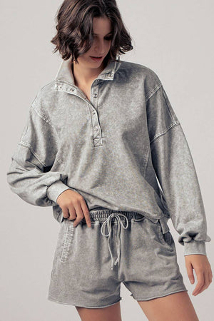 Vintage Wash Snap-Front Sweatshirt- Grey (S-M-L)