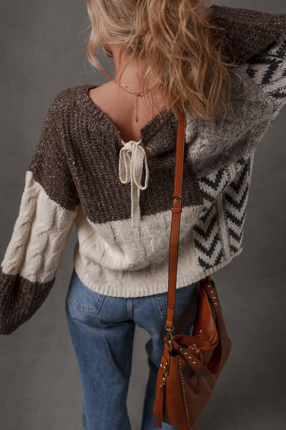Patchwork Knotted Back Loose Fit Sweater (S-XL)