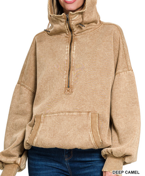 Beige hoodie on a website product page with options to add to cart and view cart.