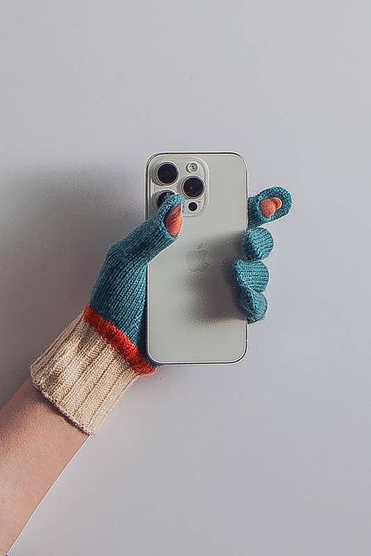 Colorblock Knit Finger Slit Touchscreen Glove