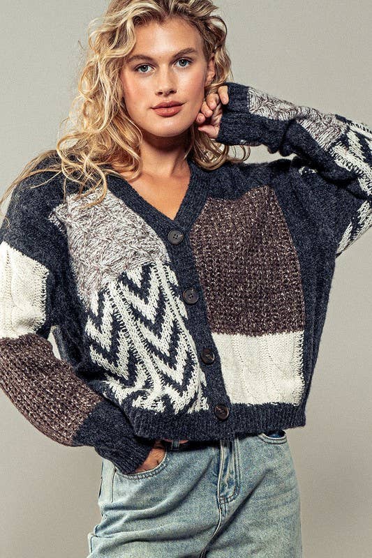Patchwork Cable Knit Cardigan (S-M-L)