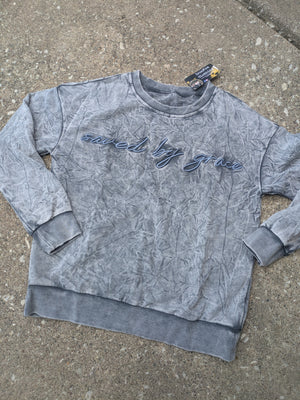 Saved by grace Letter Embroidery Mineral Wash Sweatshirt