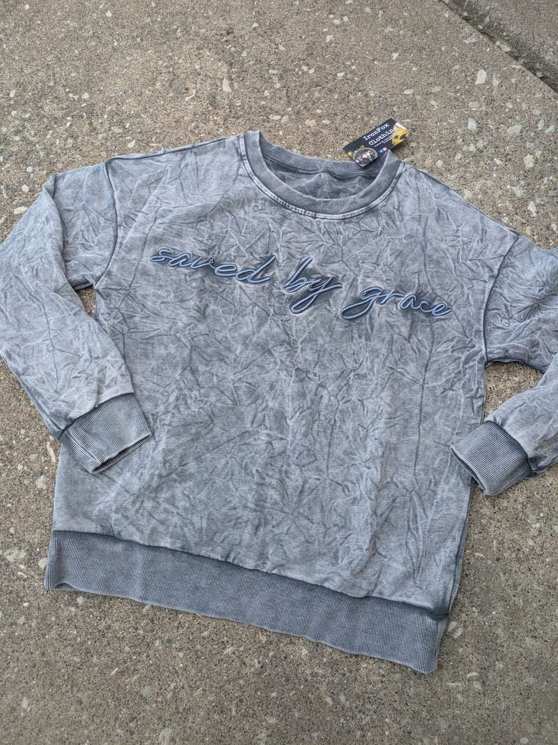 Saved by grace Letter Embroidery Mineral Wash Sweatshirt
