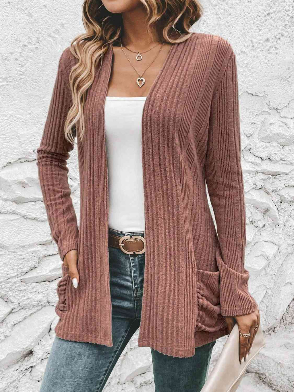 Ribbed Open Front Cardigan with Pockets (S-2X)